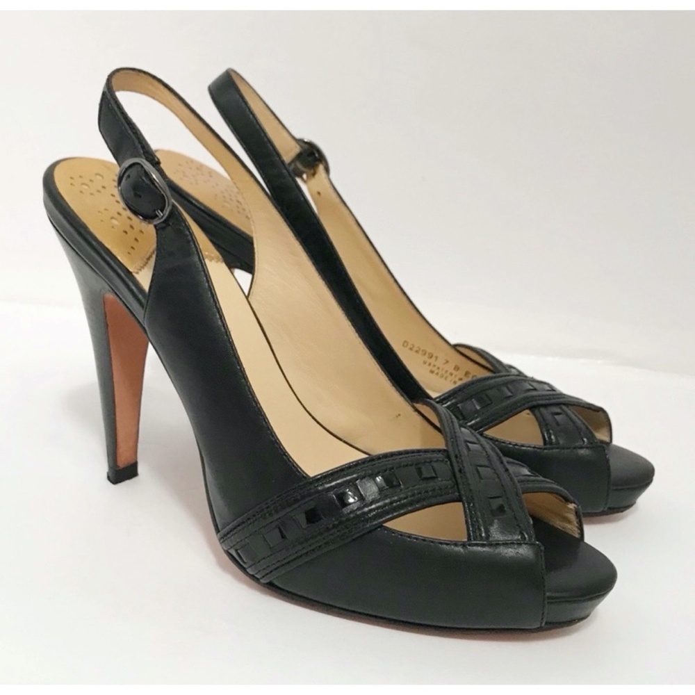 Cole Haan Black Leather Slingback Peep-Toe Heels